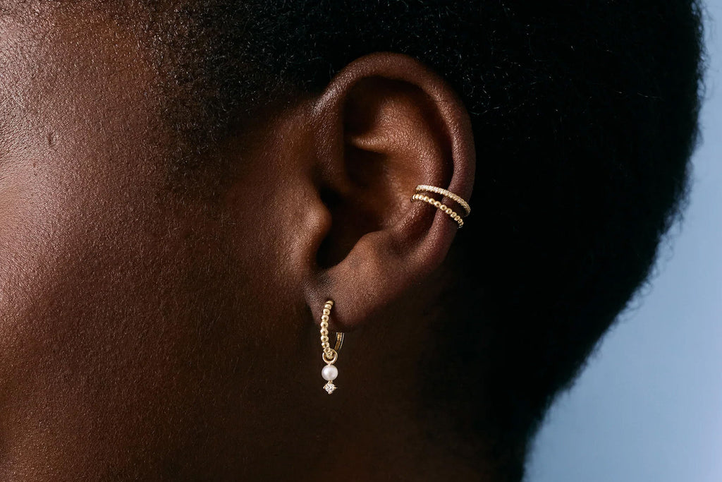 Diamant & Perle Hoop Charm 14K Guld Ørerings-vedhæng