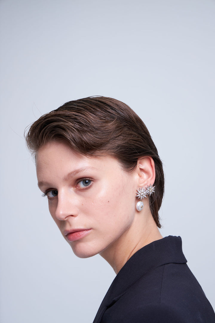 Star & Pearl Drop Silver Earrings w. Zirconia & Pearls