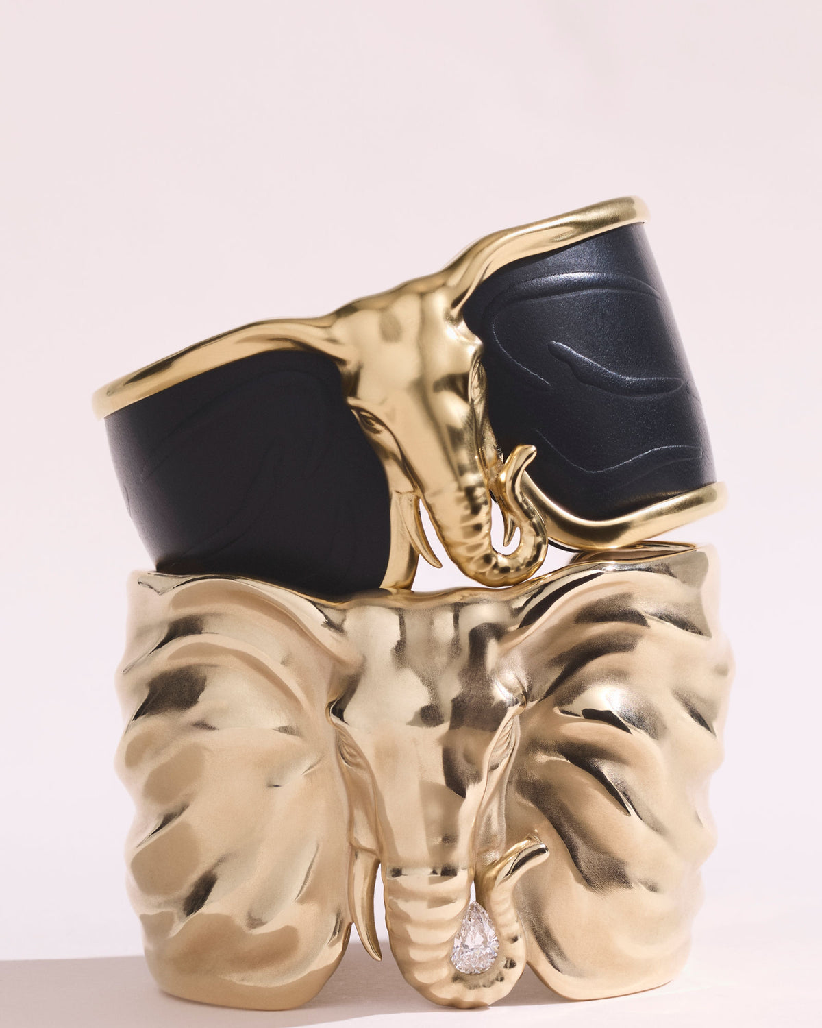Elephant Black Leather & 18K Gold Bangle