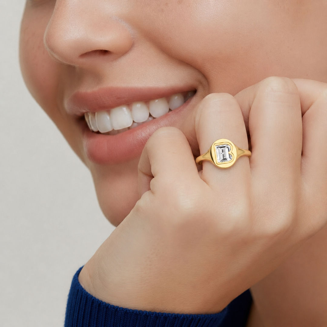 Alfabet 18K Hvidguld Initial B Signet Ring m. Solitaire Lab-Grown Diamant