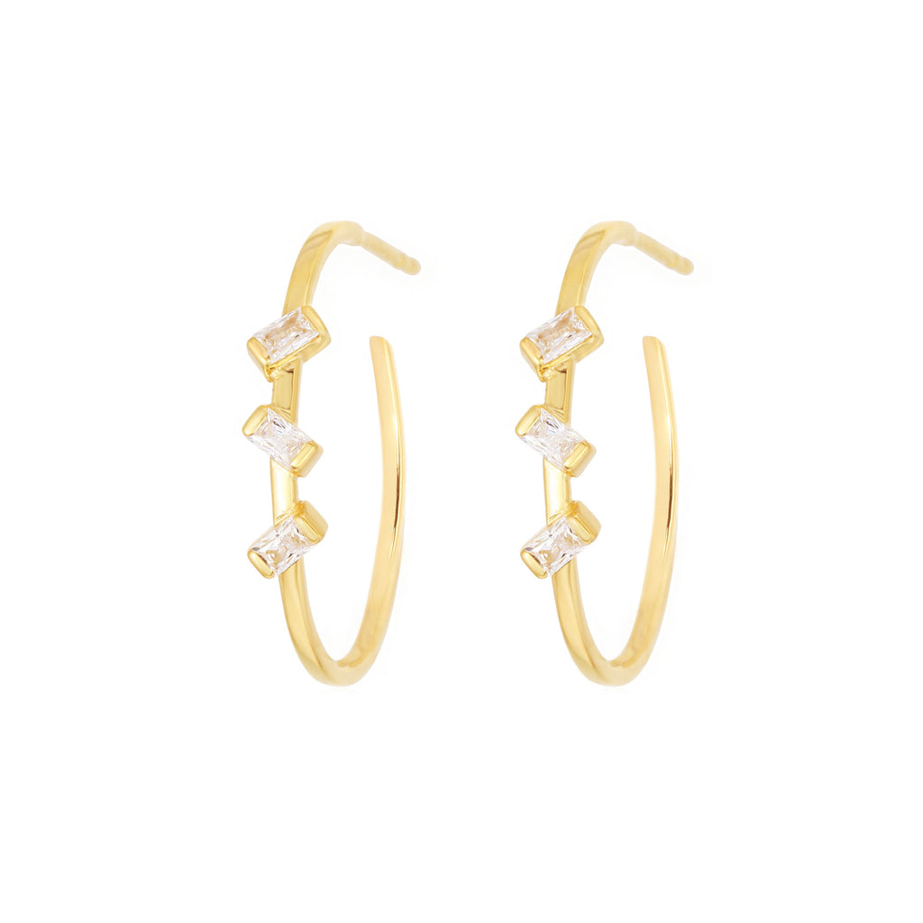 Baguette 3-Stone Gold Plated Hoops w. Zirconia