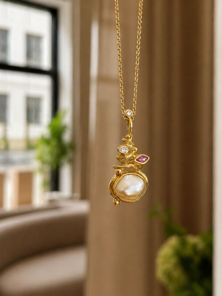 Gone Fishing 18K & 22K Gold Necklace w. Sapphire & Pearl
