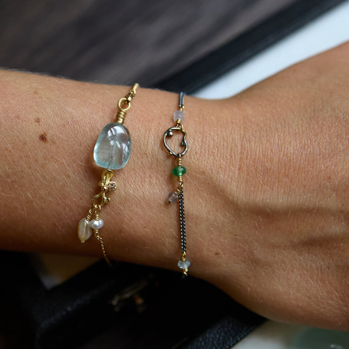 Seafire 18K & 22K Gold Bracelet w. Keshi Pearl, Aquamarine & Diamond