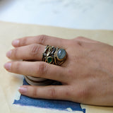 Twisted 18K, 22K & 24K Gold & Silver Ring w. Emerald, Beryl & Diamonds