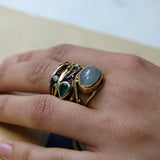 Twisted 18K, 22K & 24K Gold & Silver Ring w. Emerald, Beryl & Diamonds