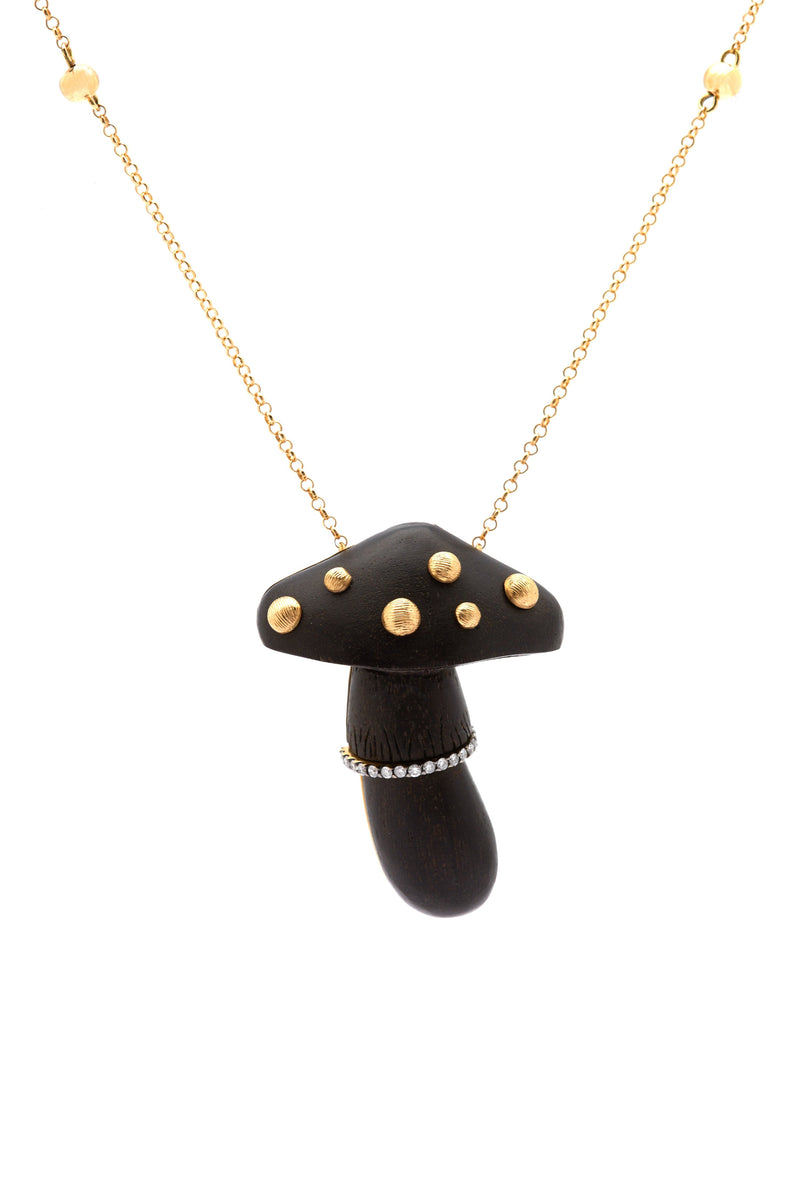 Carved black wood mushroom 18K Gold Necklace