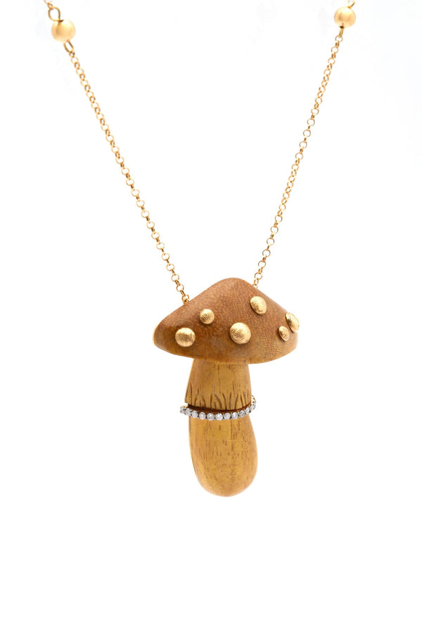 Carved yellow wood mushroom 18K Gold Necklace w. Diamond