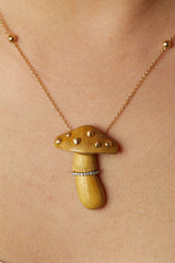 Carved yellow wood mushroom 18K Gold Necklace w. Diamond