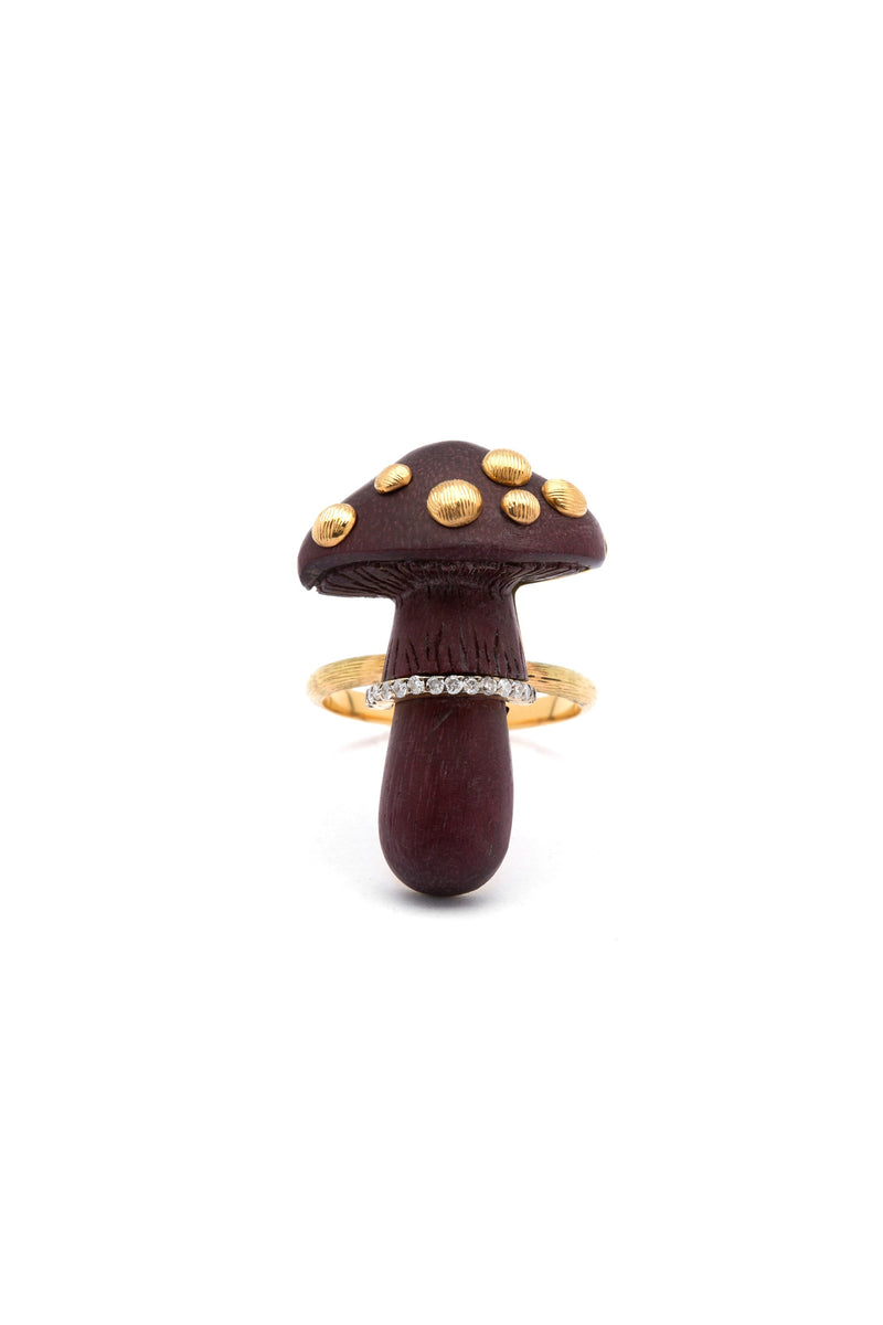 Carved mushroom purple wood 18K Gold Ring