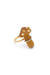 Carved Mushroom Wood 18K Gold Ring w. Diamond