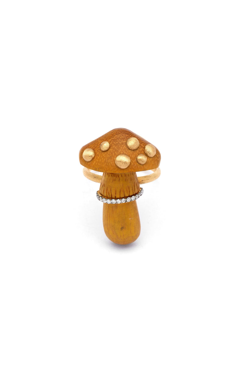 Carved Mushroom Wood 18K Gold Ring w. Diamond