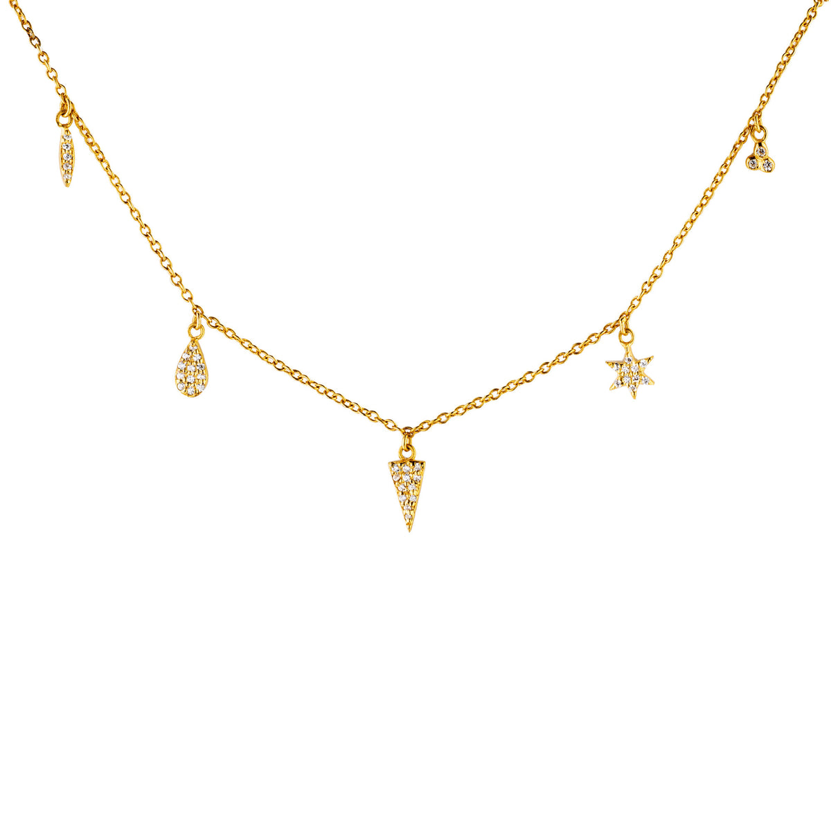 9 Charm Gold Plated Necklace w. Zirconia