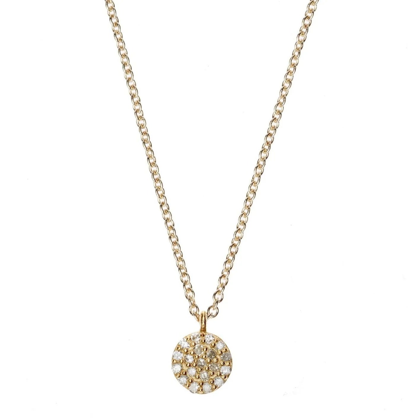Large Gold Plated Diamond Disc Necklace w. Light Brown DIamonds