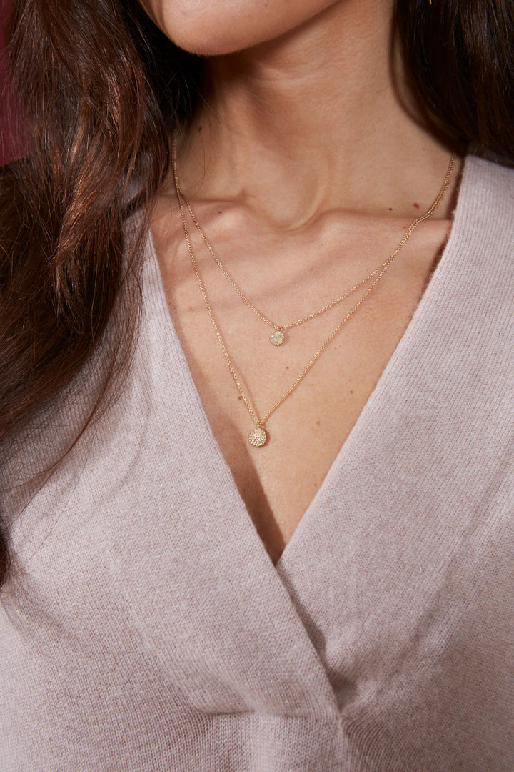 Small Gold Plated Diamond Disc Necklace w. Light Brown Diamonds