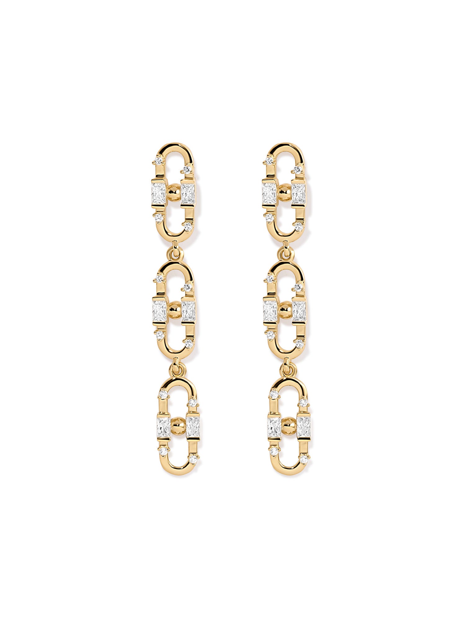 Baguette Paper Clip Gold Plated Earrings w. Zirconia