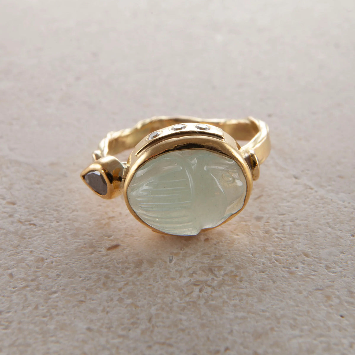 Cocktail 18K & 22K Gold Ring w. Aquamarine & Diamond