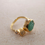 Cocktail 18K & 22K Gold Ring w. Emerald & Diamonds
