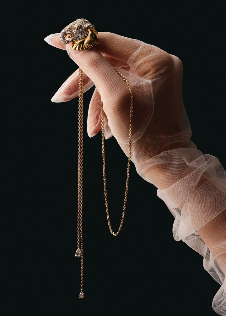 Elephant Neglige 18K Gold Necklaces & Brooche w. Lab-Grown Diamond