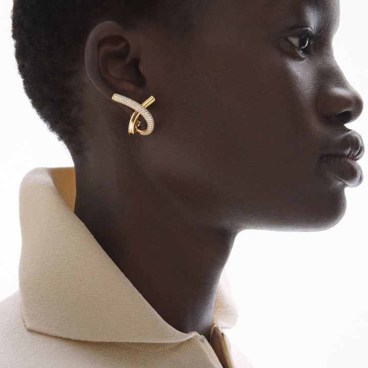 Cross Loop Big Half Pavé 18K Gold Hoops w. Diamonds