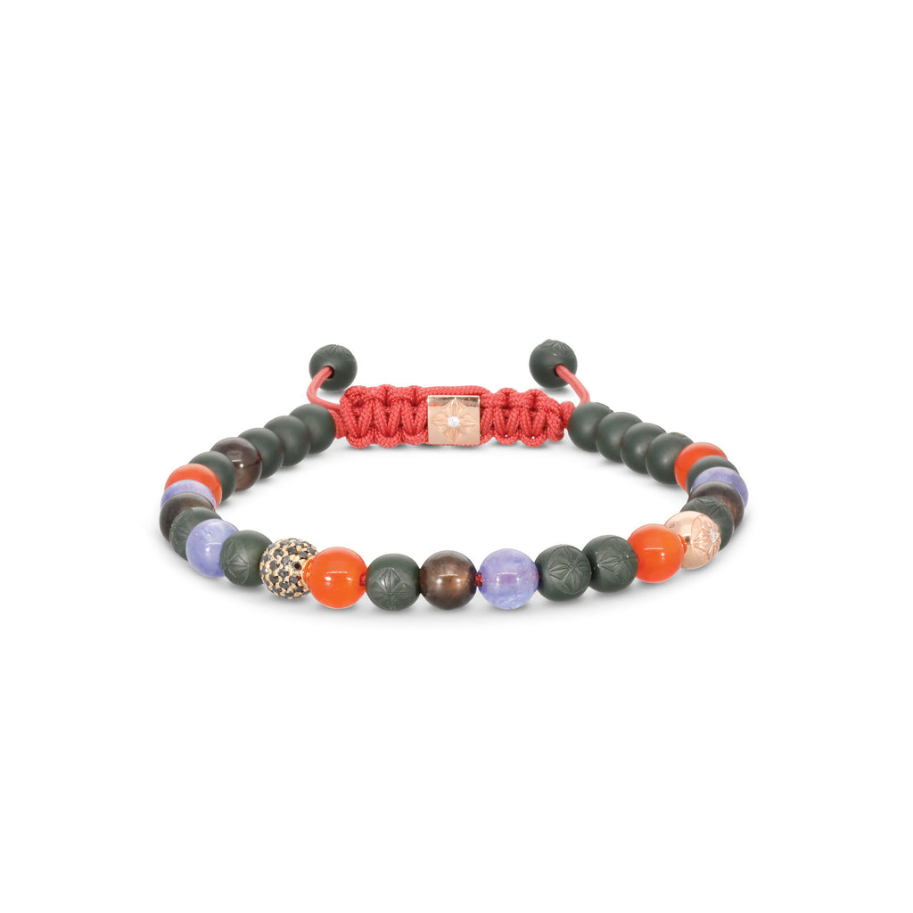 6mm Non- Braided 18K Rosegold Bracelet w. Diamonds, Sapphire, Tanzanite & Carnelian