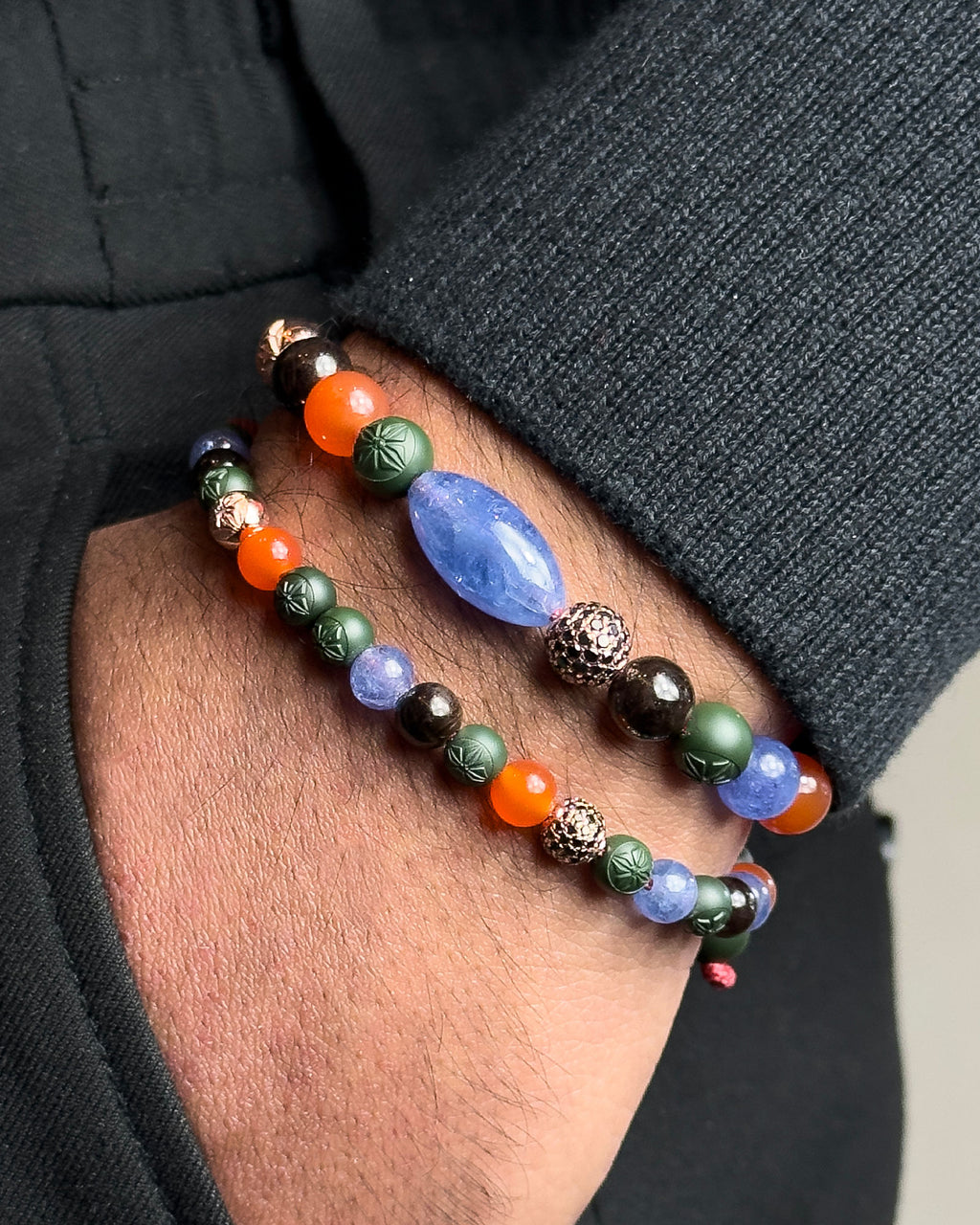 6mm Non- Braided 18K Rosegold Bracelet w. Diamonds, Sapphire, Tanzanite & Carnelian