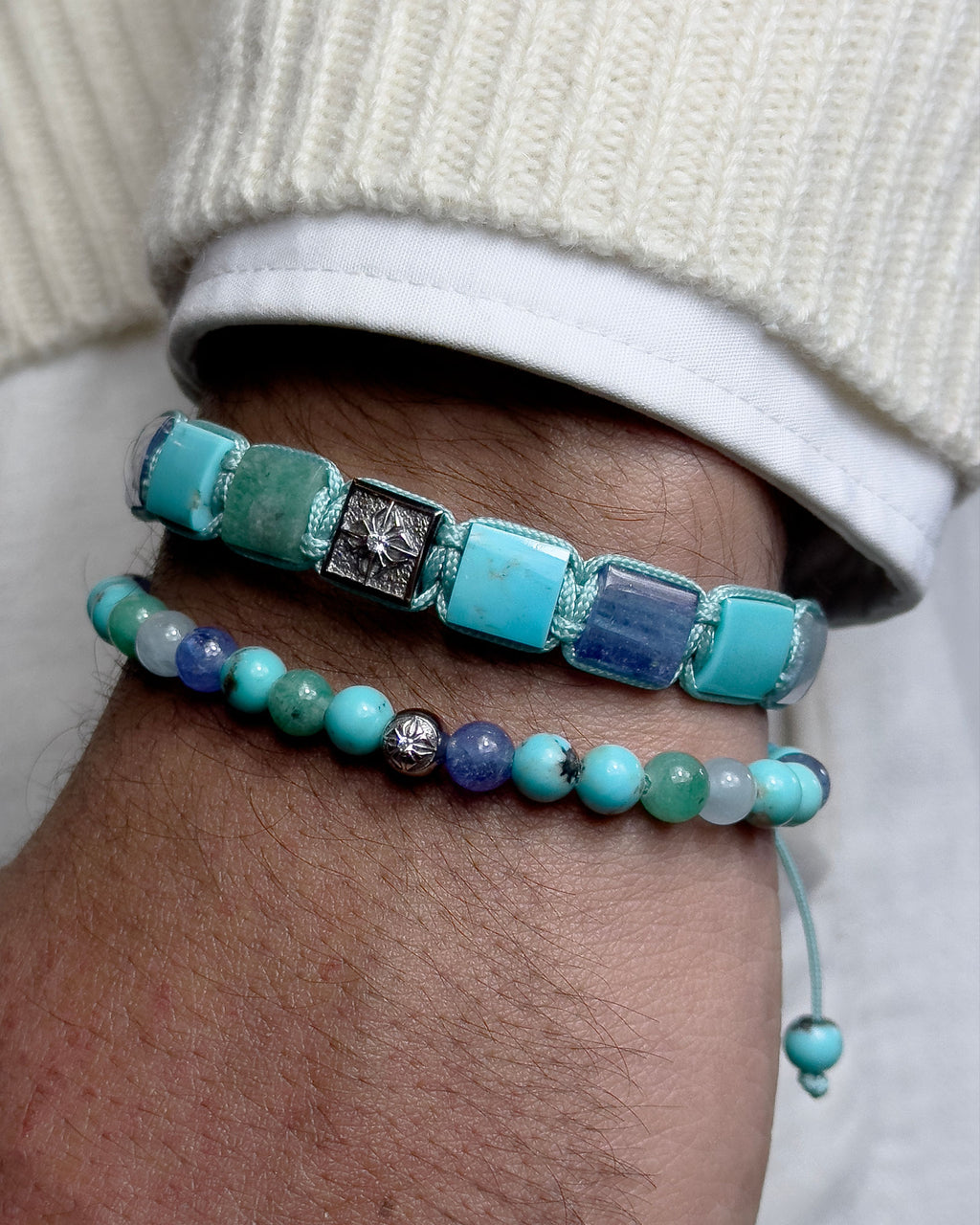 6mm Non-Braided 18K Whitegold Bracelet w. Diamonds, Tanzanite, Emerald & Aquamarine