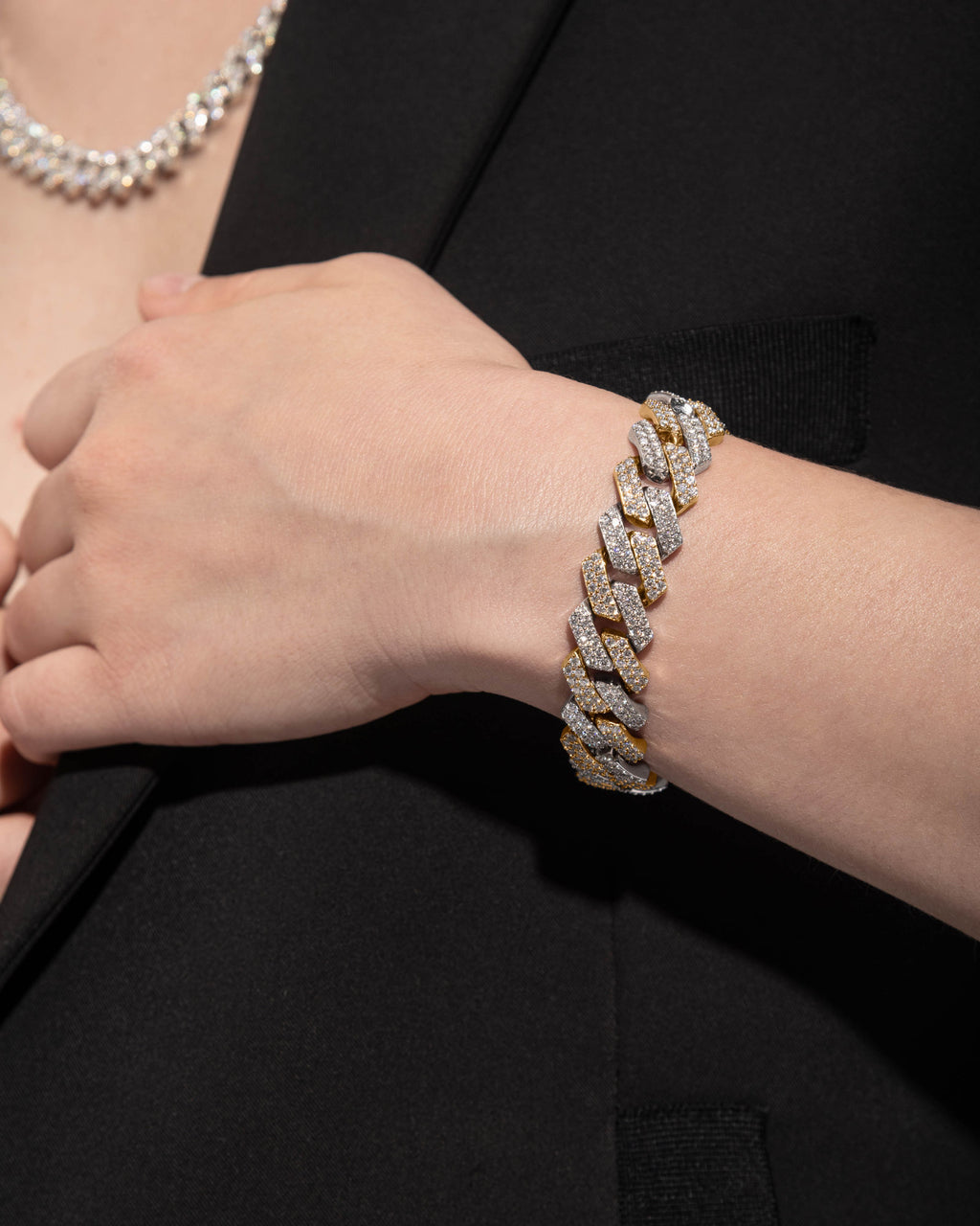 14mm Prong Pavé 18K Yellow Gold & Rhodium coated Silver Bracelet w. Moissanite