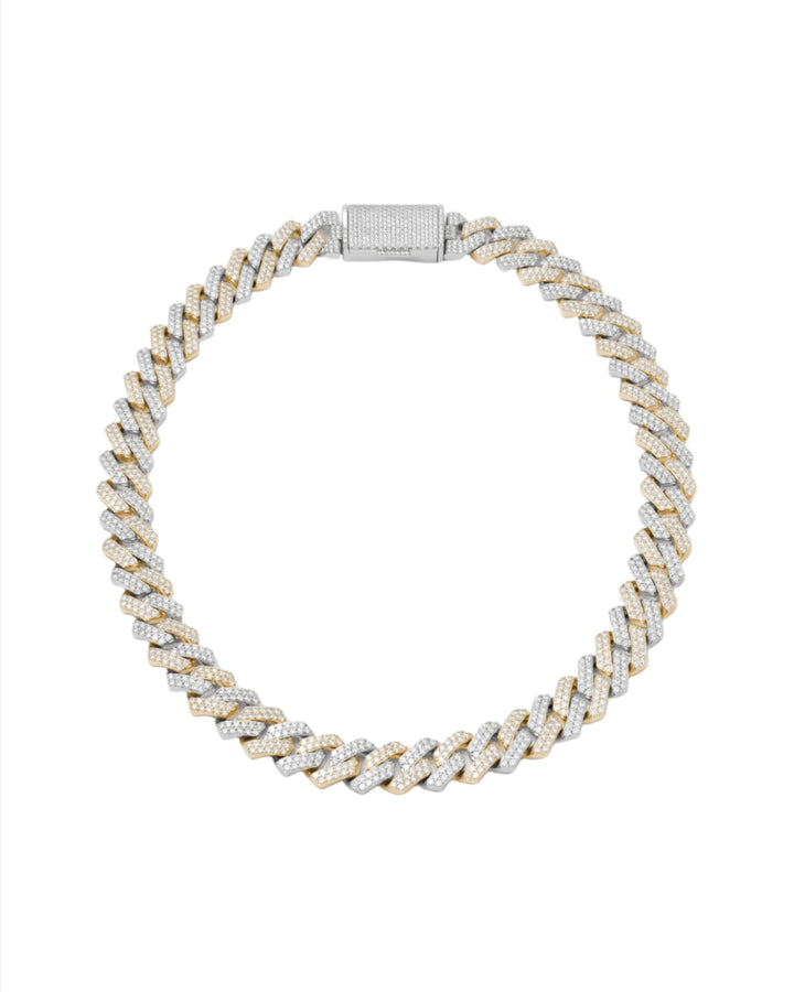 14mm Prong Pavé 18K Yellow Gold & Rhodium coated Silver Necklace w. Moissanite