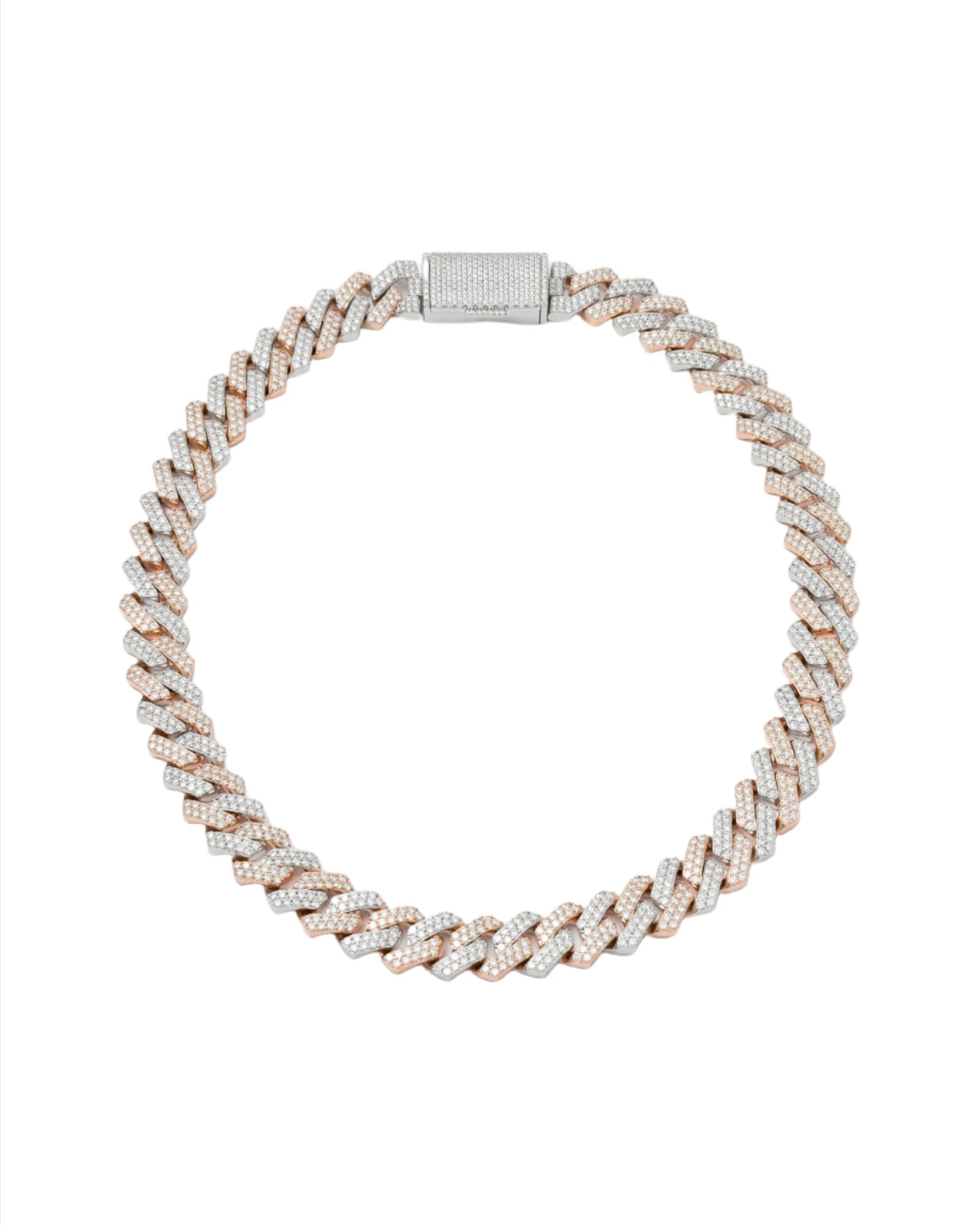 14mm Prong Pavé 18K Rose Gold & Rhodium coated Silver Necklace w. Moissanite