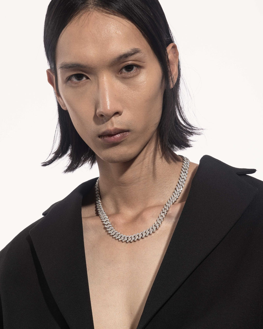 10mm Prong Pavé Rhodium coated Silver Necklace w. Moissanite