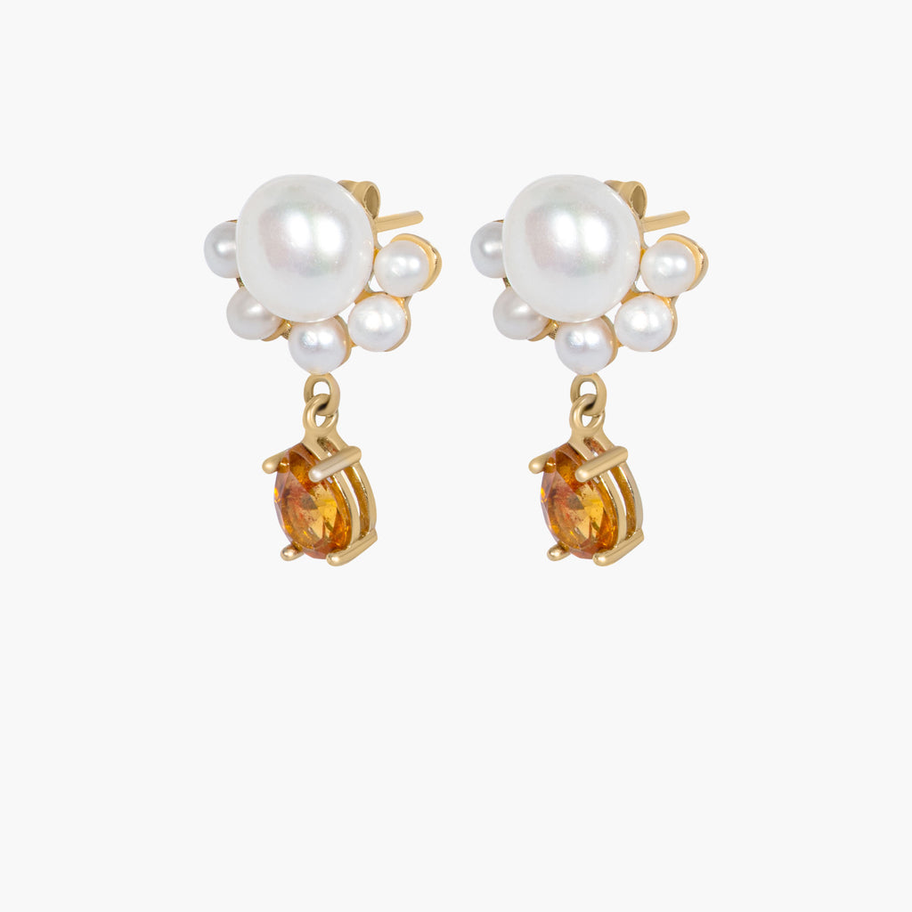 MIRIAM 9k Gold Earrings w. Citrin & Pearl