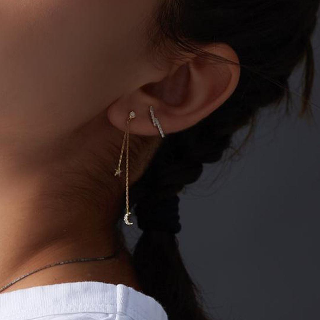 Dancing Celestial Duo 18K Gold Earring w. Diamonds