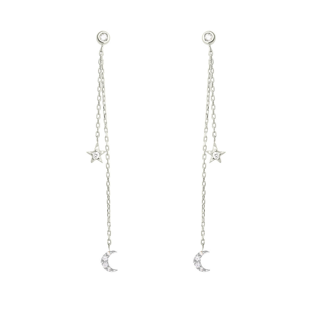 Dancing Celestial Duo 18K White Gold Earring w. Diamonds