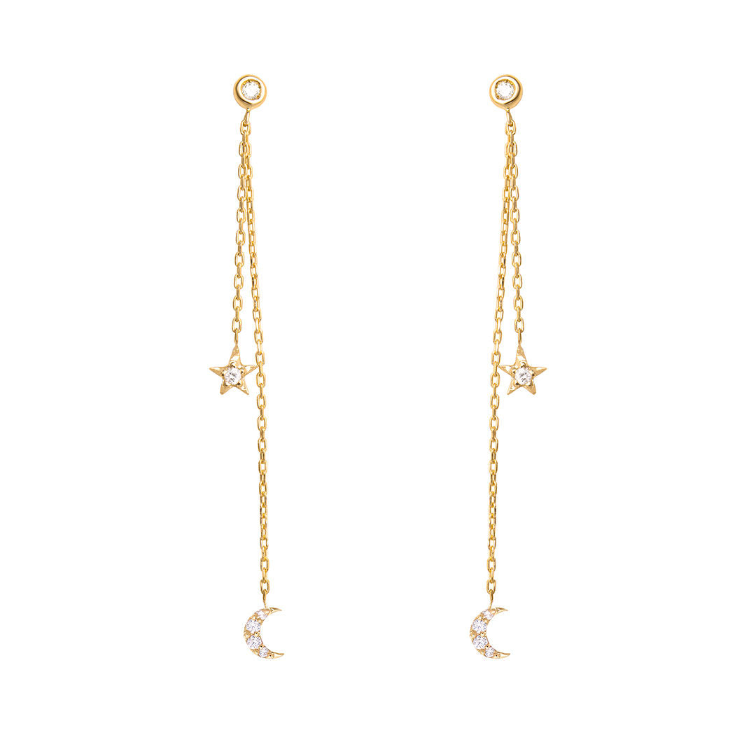 Dancing Celestial Duo 18K Gold Earring w. Diamonds