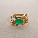 Double Seafire 18K & 22K Gold Ring w. Emerald & Diamonds