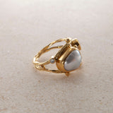 Double Seafire 18K & 22K Gold Ring w. Pearl, Morganite & Diamond