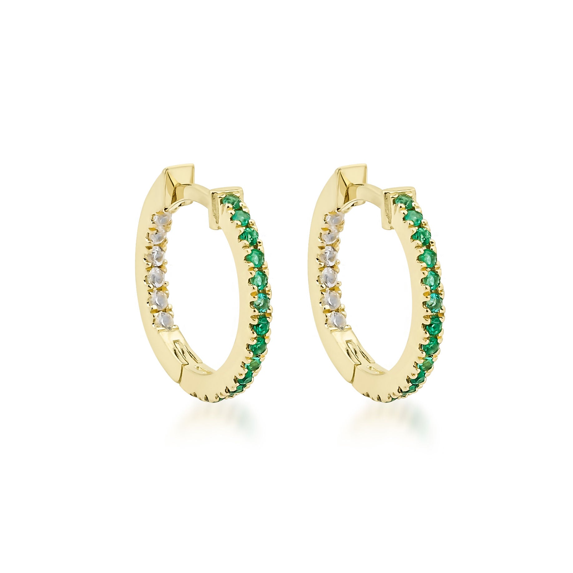 Dual 18K Gold Hoops w. Diamonds & Emeralds