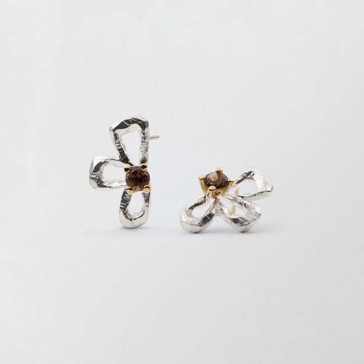 Swedish Summer 18K Gold & Silver Studs w. Smoky Quartz