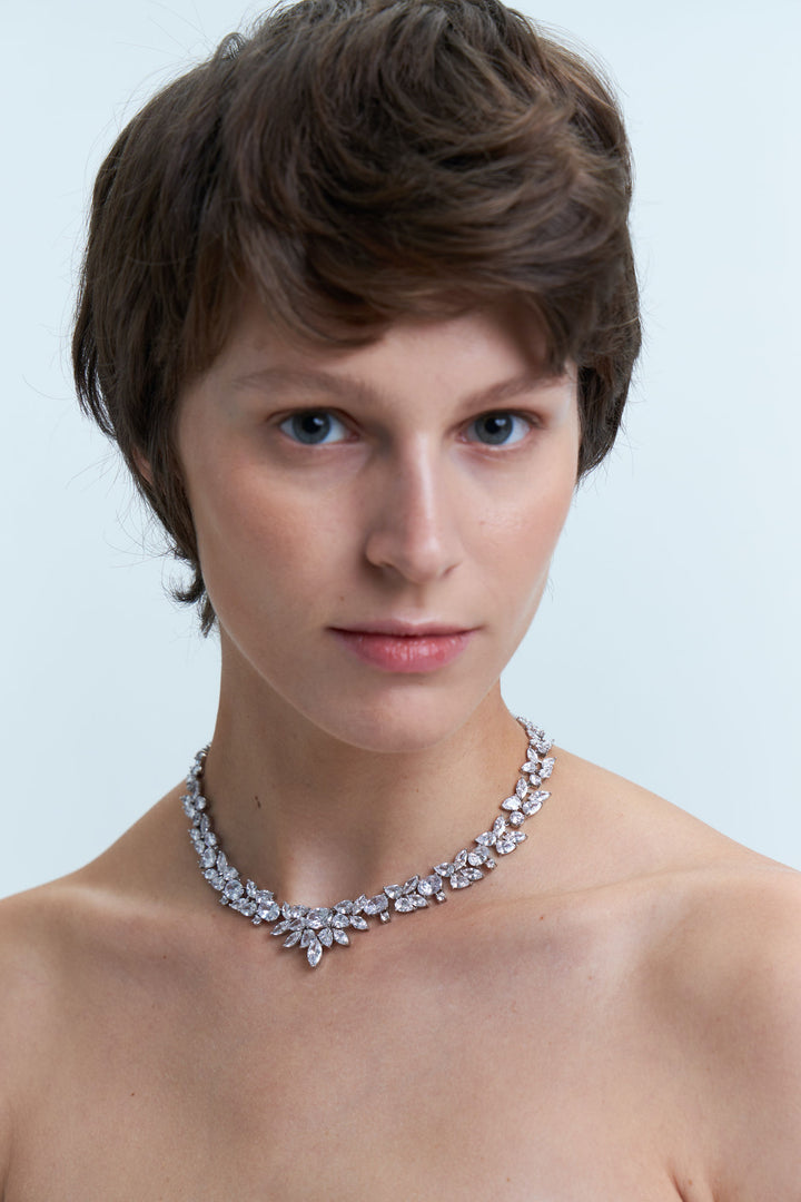 Eden Orchid Statement Silver Plated Brass Necklace w. Zirconia