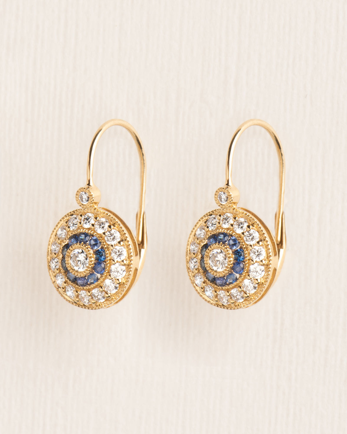 Leverback 18K Gold Earrings w. Diamonds & Sapphires
