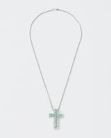 Aqua Green Cross Rhodium Plated Silver Pendant Necklace w. Moissanites