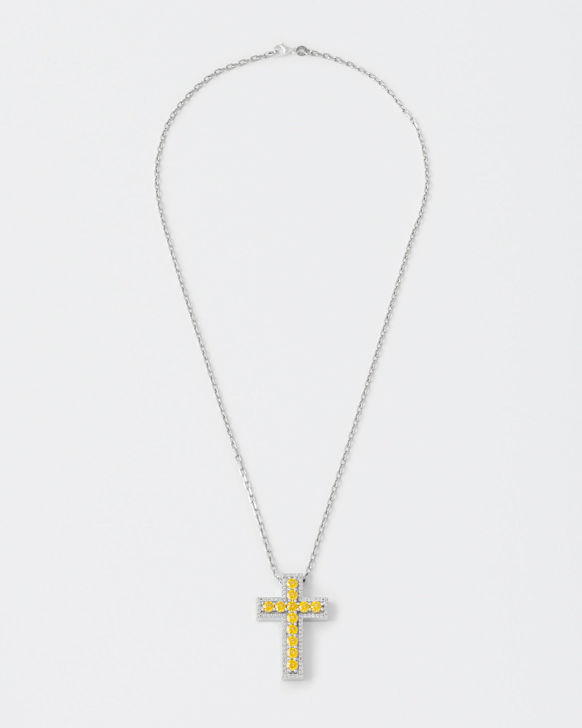 Yellow Cross Rhodium Plated Silver Pendant Necklace w. Moissanites