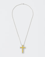 Yellow Cross Rhodium Plated Silver Pendant Necklace w. Moissanites
