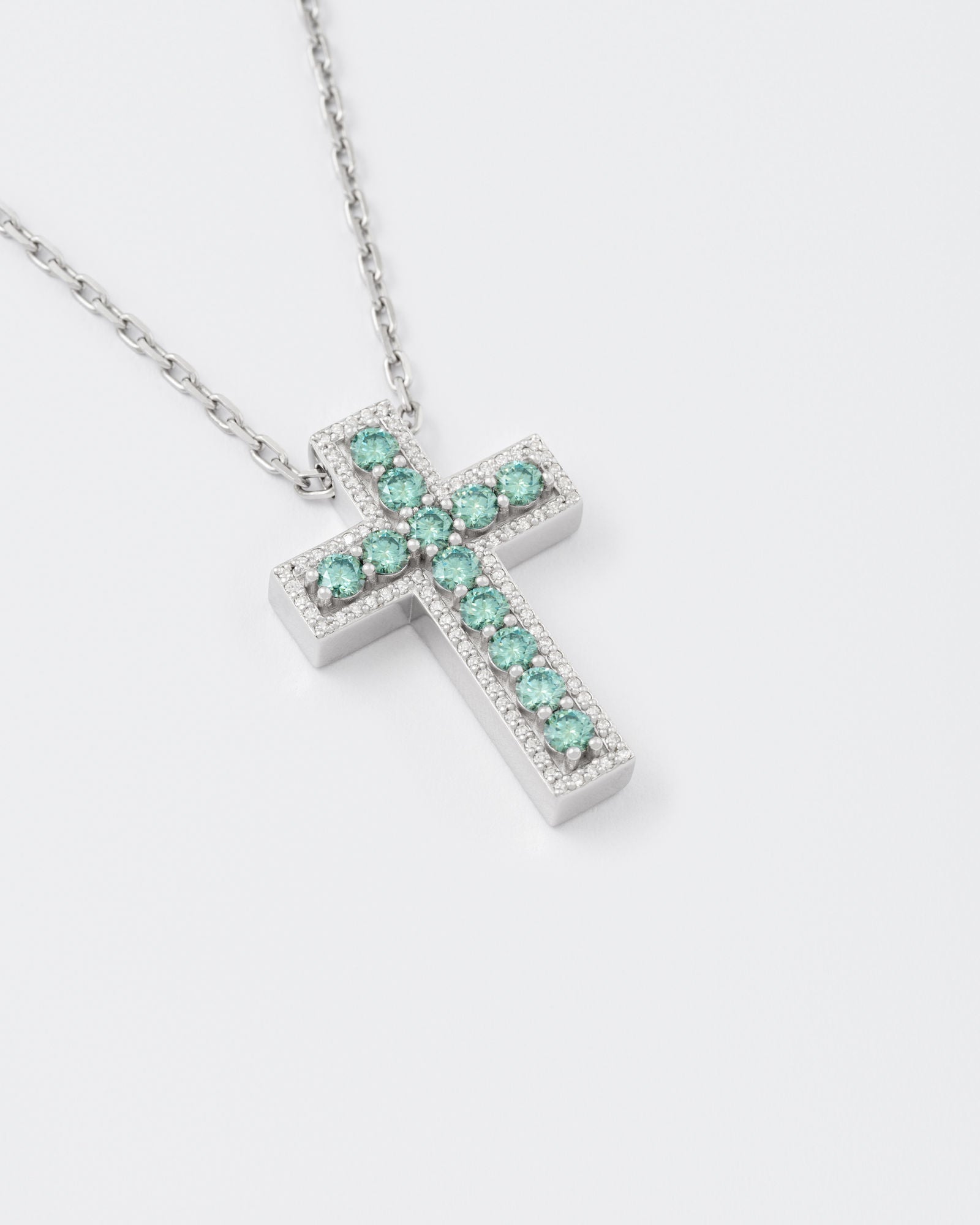 Aqua Green Cross Rhodium Plated Silver Pendant Necklace w. Moissanites