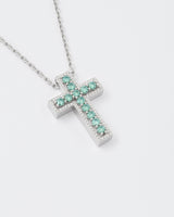 Aqua Green Cross Rhodium Plated Silver Pendant Necklace w. Moissanites