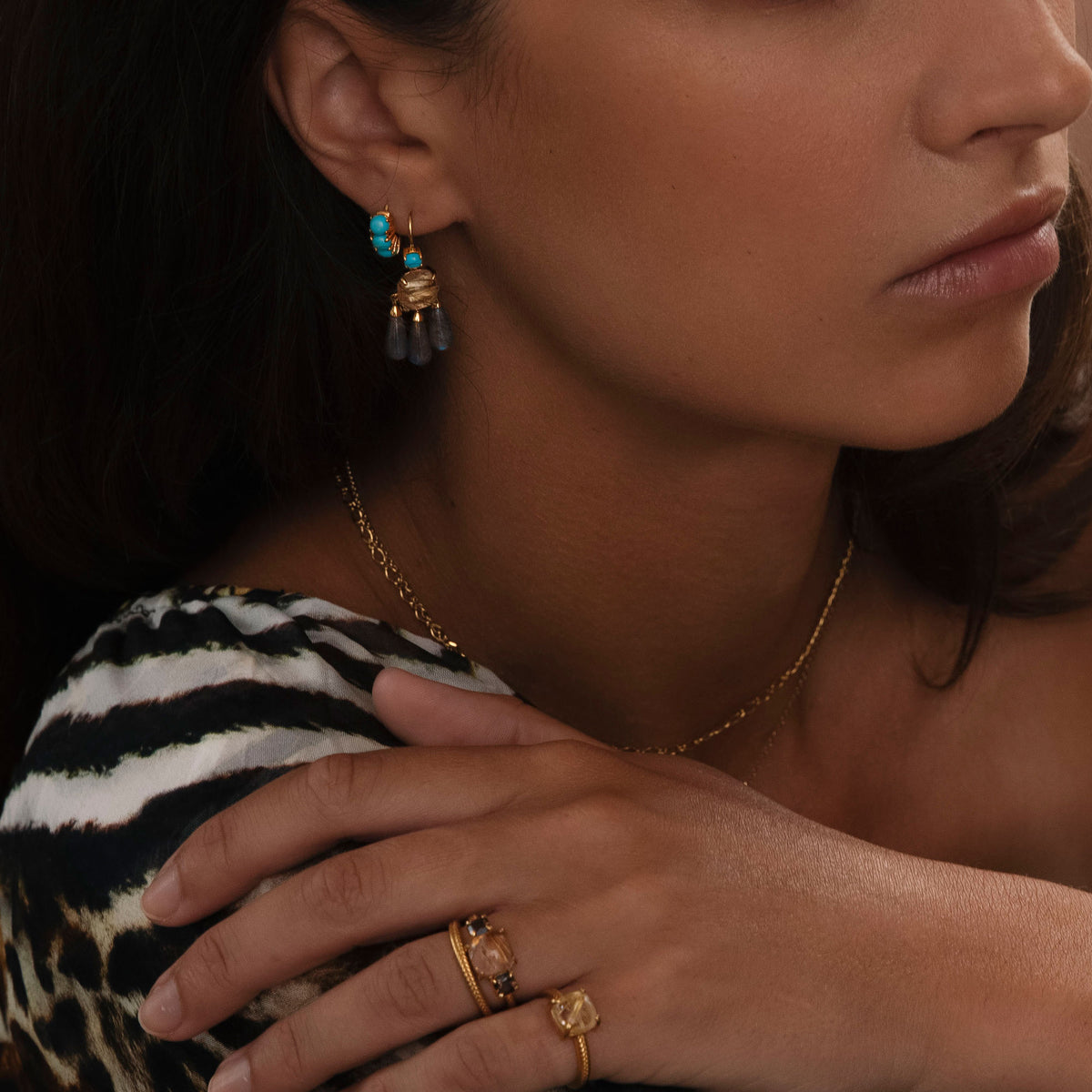 18K Gold Plated Earrings w. Turquoise, Labradorite & Quartz