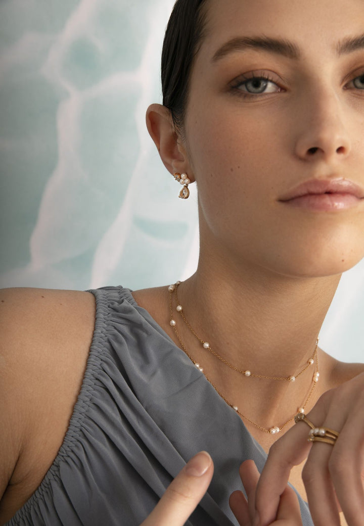 Reef 18K Gold Plated Studs w. Prasiolite Drop & Pearls