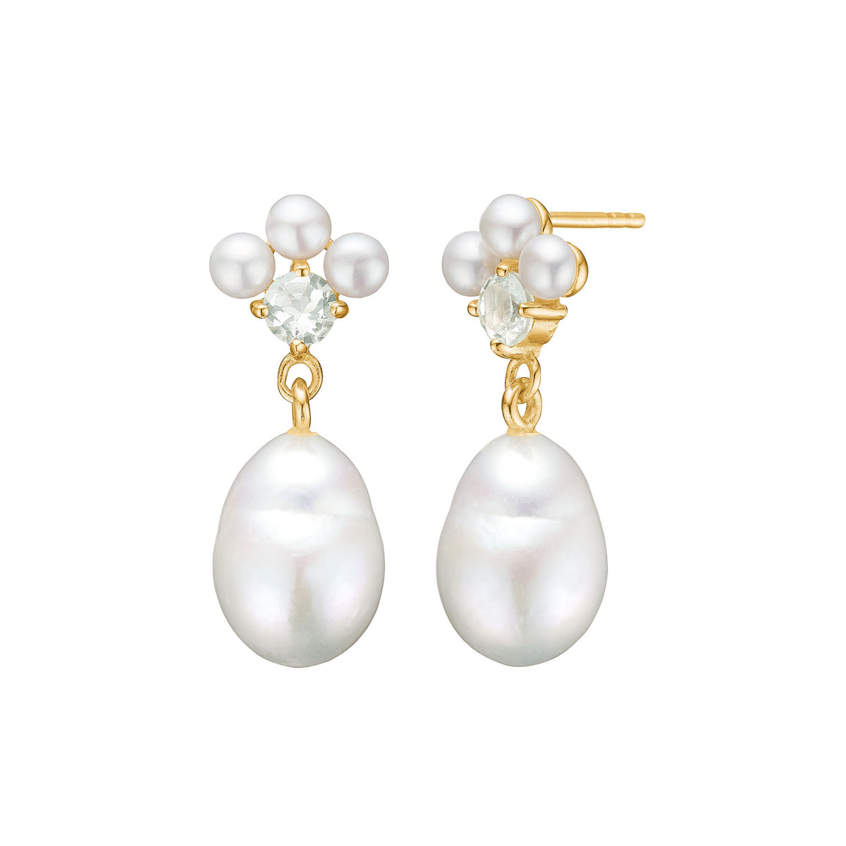 Reef 18K Gold Plated Studs w. Prasiolite & Drop Pearls