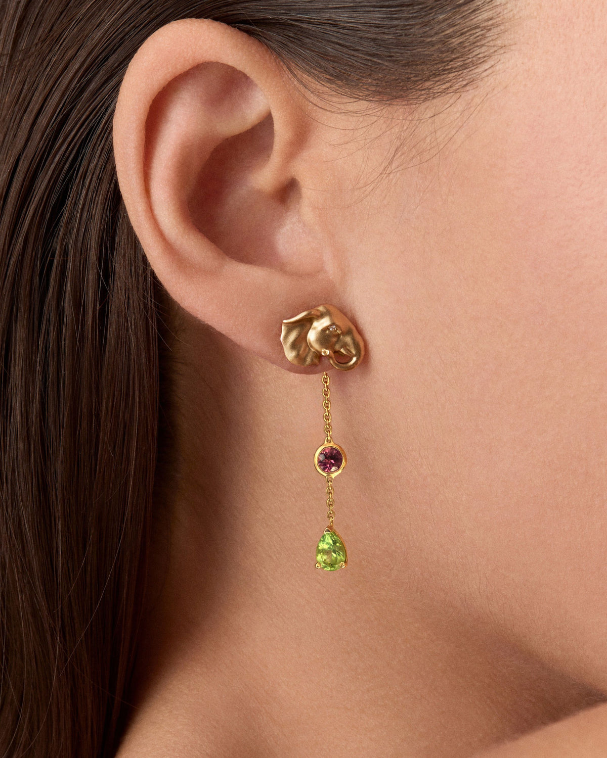 Elephant Fancy 18K Gold Earrings w. Peridot, Aquamarine & Tourmaline