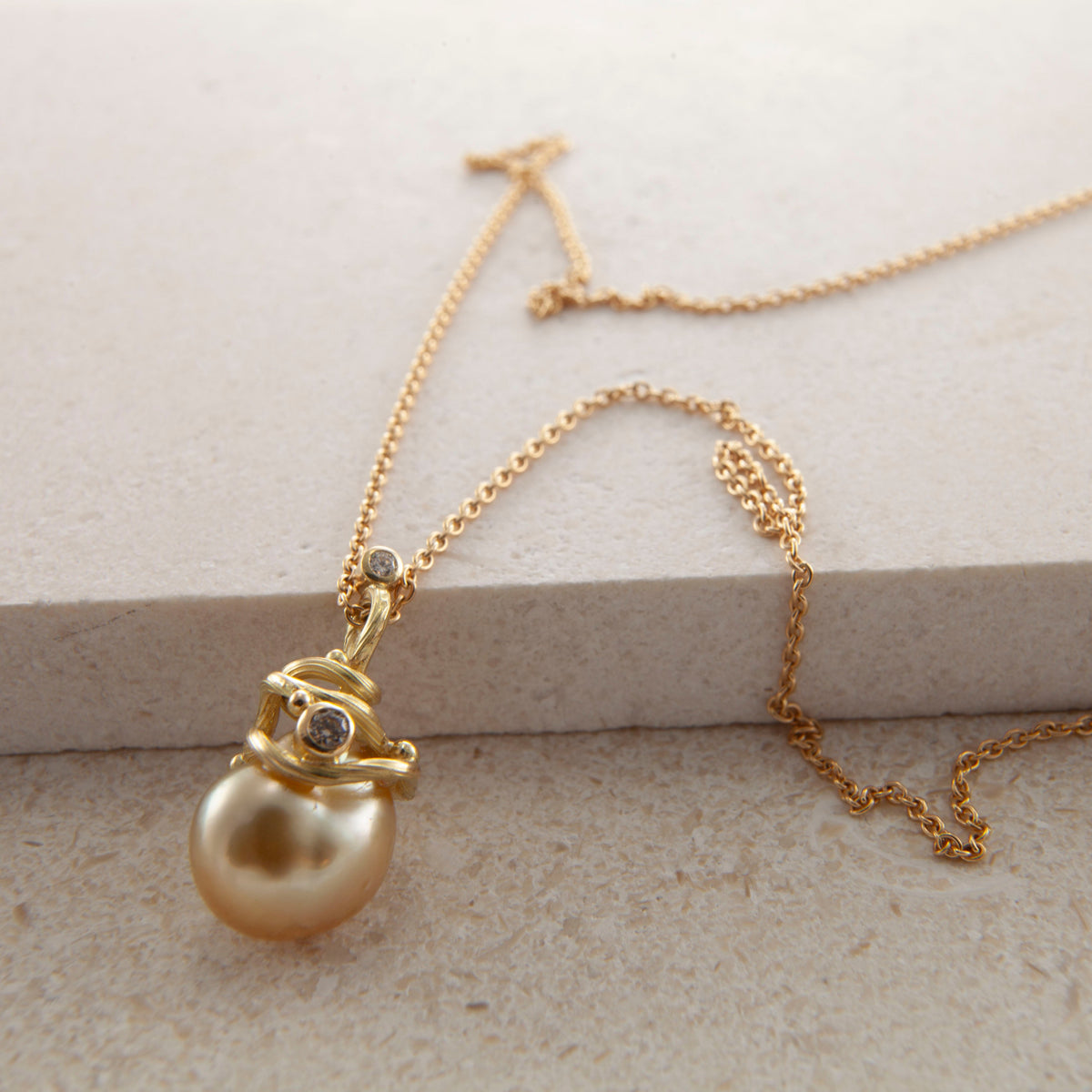 Gone Fishing 18K & 22K Gold Necklace w. Keshi Pearl & Diamond